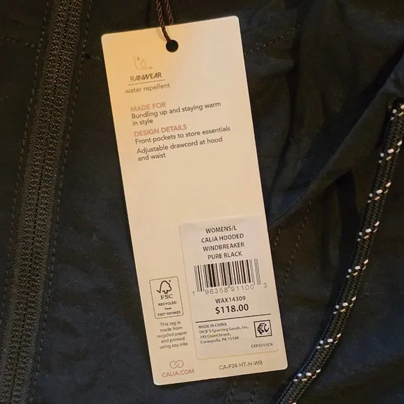 Women's Calia Hooded Windbreaker Jacket L Black with White Drawstrings - Picture 4 of 5